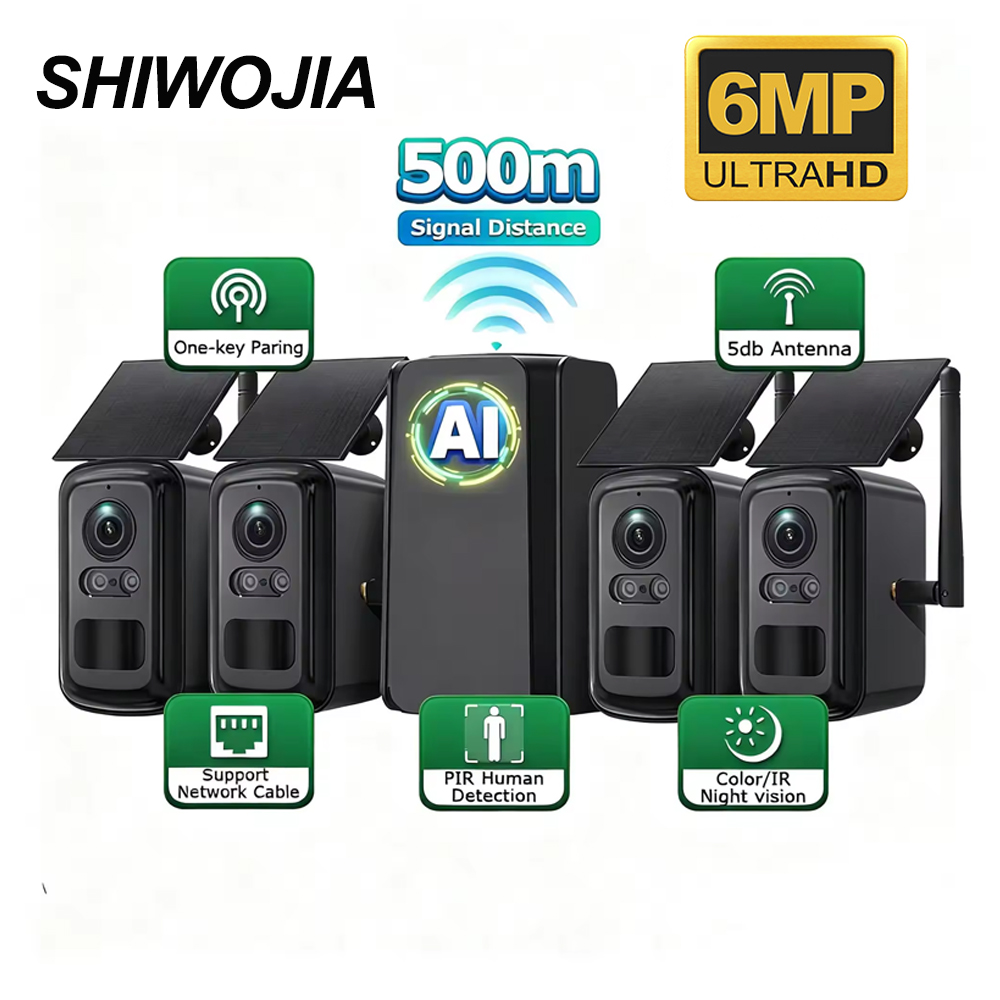 Home Security No Subscription - ระบบกล้องวงจรปิดพลังงานแสงอาทิตย์ SHIWOJIA 6MP ระบบไร้สาย WIFI พร้อมรีพีทเตอร์