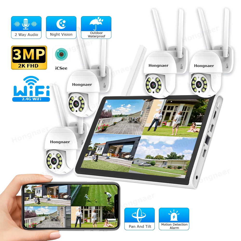 Home Security Cameras Wireless - ชุดกล้องวงจรปิดไร้สาย 2026 Hongnaer 3MP 4 ช่องสัญญาณ