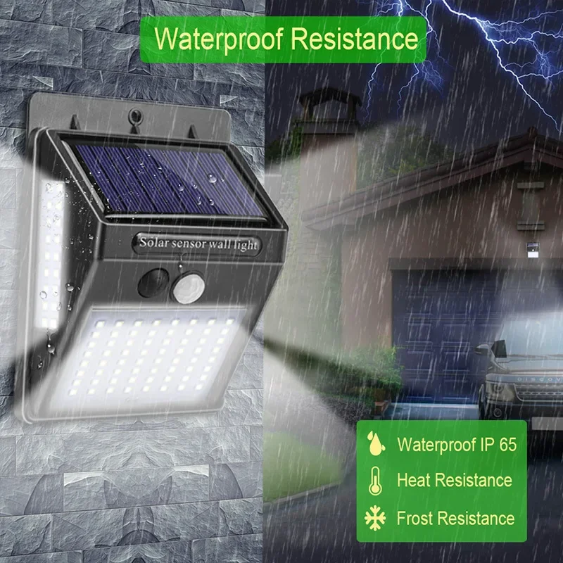 Home Security Yard Sensors - ไฟติดผนังโซลาร์เซลล์พร้อมเซ็นเซอร์ตรวจจับความเคลื่อนไหว PIR 100 LED กันน้ำ สำหรับสวน