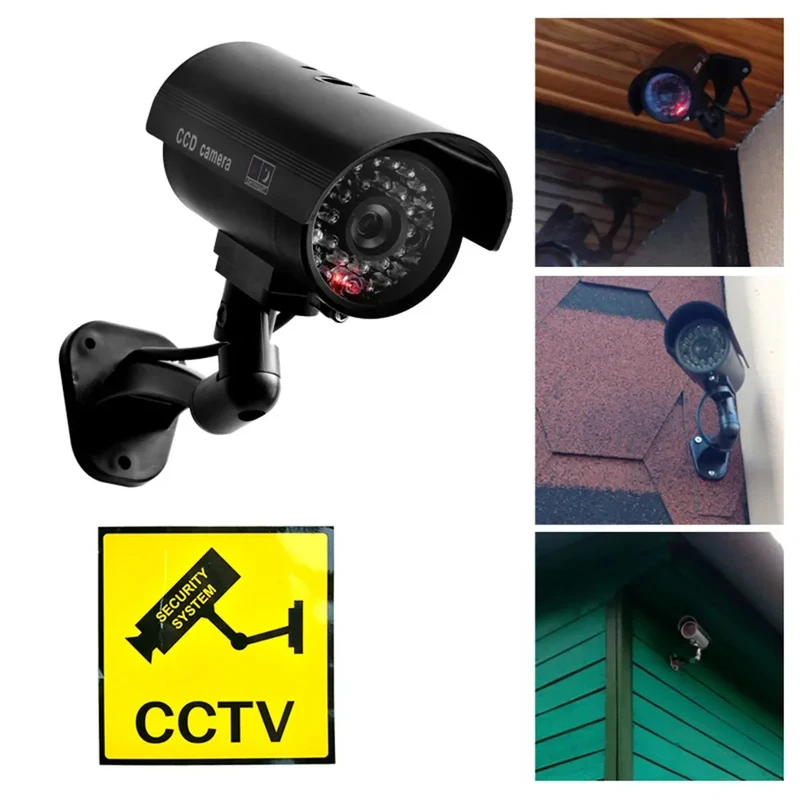 Home Security Video Cameras - กล้องจำลองรูปทรงกระสุน กล้องปลอมสำหรับภายนอกอาคาร พร้อมไฟ LED กันน้ำ มีไฟกระพริบ