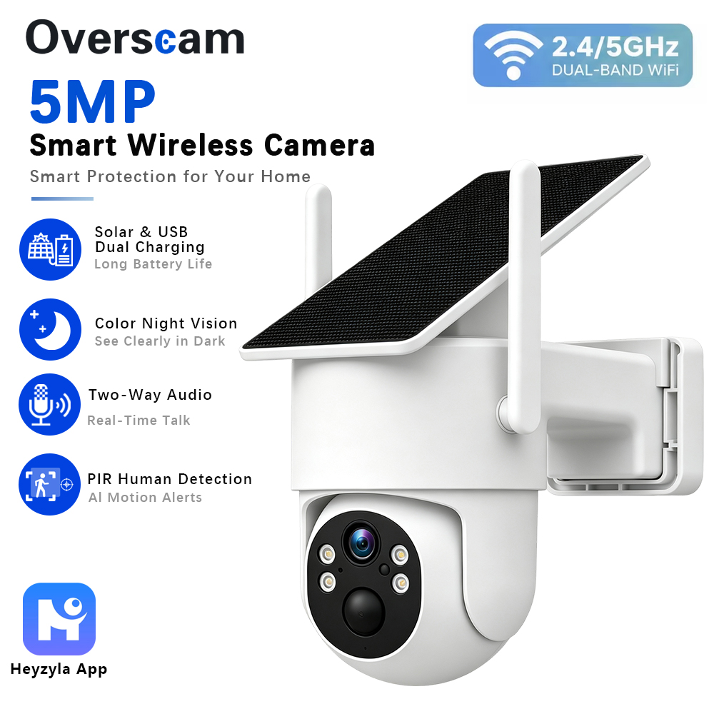Home Security Cameras Wireless - กล้อง PTZ พลังงานแสงอาทิตย์ 5MP สำหรับการตรวจสอบบ้านแบบไร้สายกลางแจ้ง พร้อมแผงโซลาร์เซลล์แบบติดตั้งคงที่
