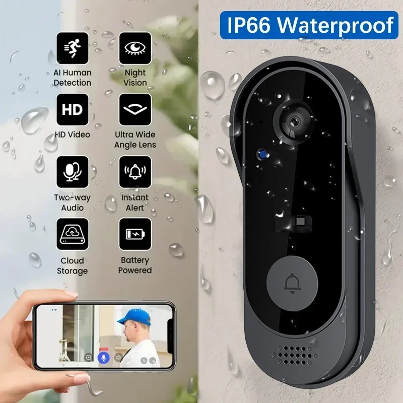 Home Security Doorbell Camera - กล้องวิดีโอ HD ไร้สายกันน้ำสำหรับประตูบ้าน พร้อมระบบมองเห็นกลางคืนและเปลี่ยนเสียง ระบบความปลอดภัยบ้านอัจฉริยะ ตรวจสอบผ่าน