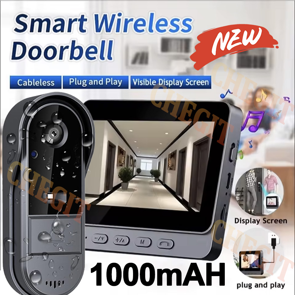 Home Security Doorbell Camera - กล้องออดไร้สายอินเตอร์เน็ตไร้สาย 1080P วิดีโออินเตอร์คอมออดกันน้ำ 4.3 นิ้วหน้าจอ IPS