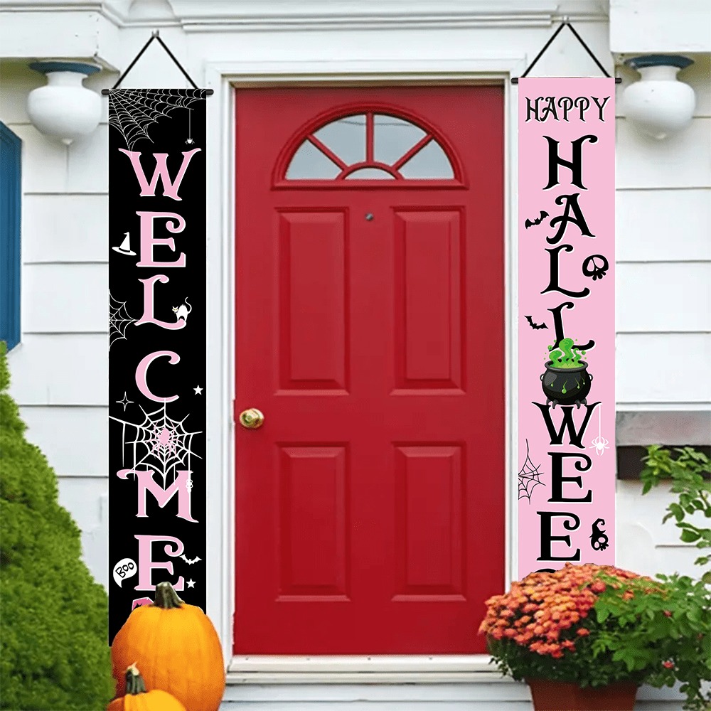 Home Security Yard Sign - ป้ายต้อนรับฮาโลวีนสีชมพู-ดำ ลายแมงมุมและหม้อ สำหรับตกแต่งประตูหน้าบ้าน ลานบ้าน หรืองานปาร์ตี้ฮาโลวีน