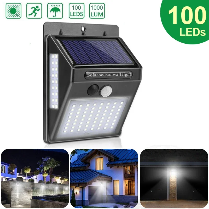Home Security Yard Sensors - ไฟติดผนังโซลาร์เซลล์กลางแจ้ง 100 LED พร้อมเซ็นเซอร์ตรวจจับความเคลื่อนไหว PIR กันน้ำ