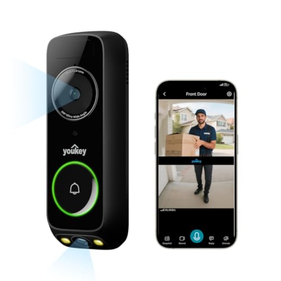 Home Security No Subscription - กล้องกริ่งประตูไร้สายสำหรับความปลอดภัยภายในบ้าน, กล้องคู่ 2K, สีขาว, ไม่ต้องสมัครสมาชิก พร้อมพื้นที่เก็บข้อมูลในตัว